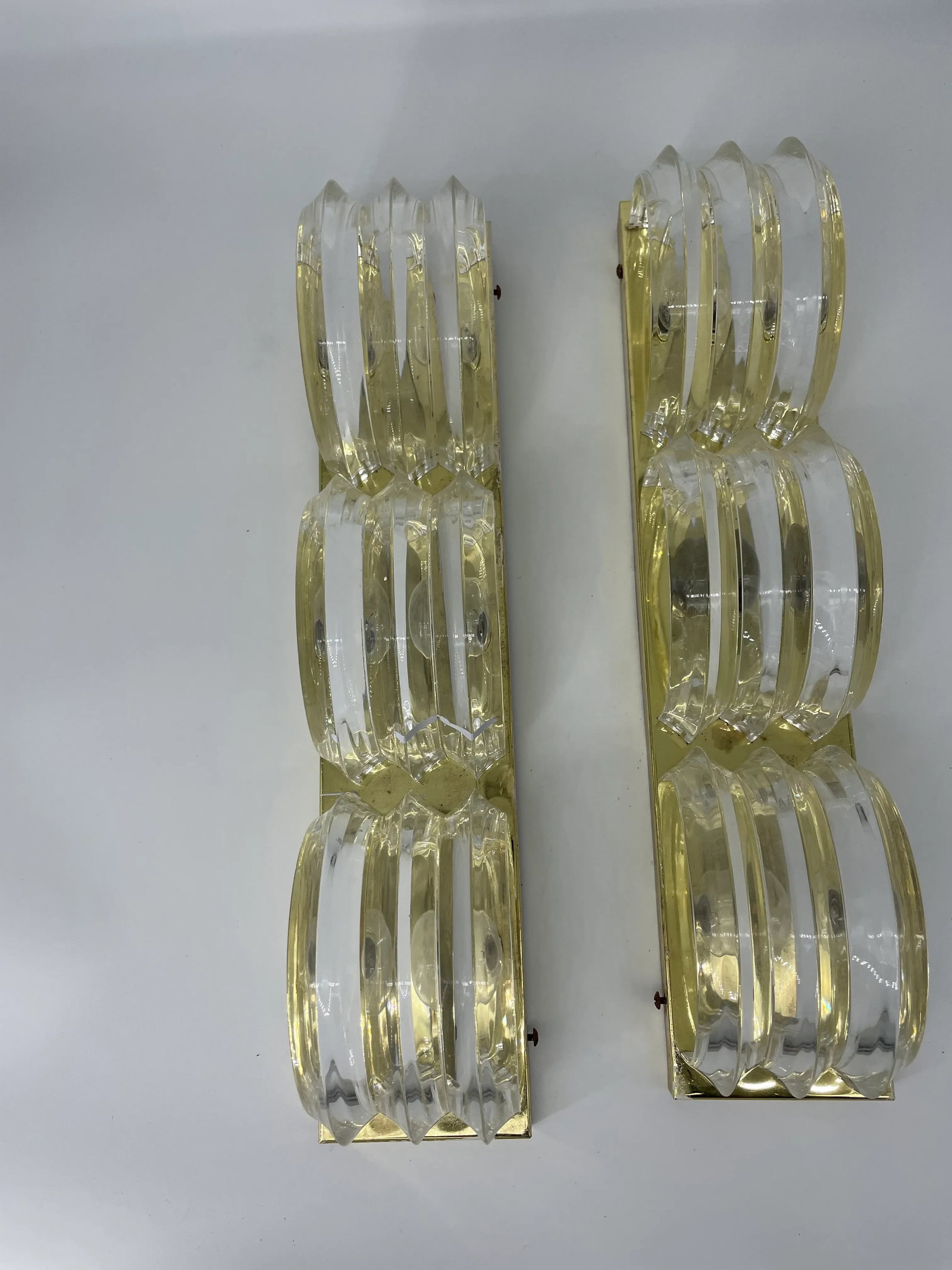 Midcentury Modern Brass & Stacked Lucite Three Light Wall Sconces - a Pair - 4