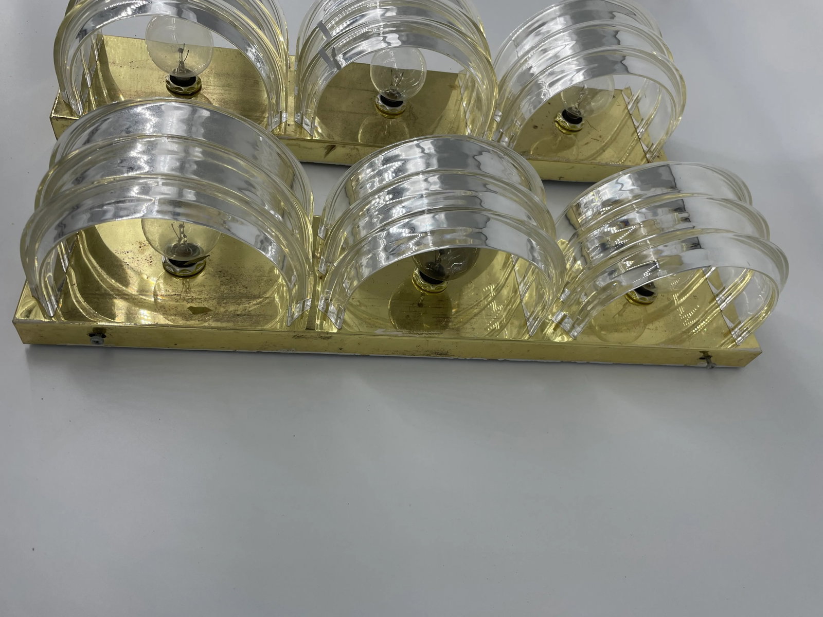 Midcentury Modern Brass & Stacked Lucite Three Light Wall Sconces - a Pair - 5