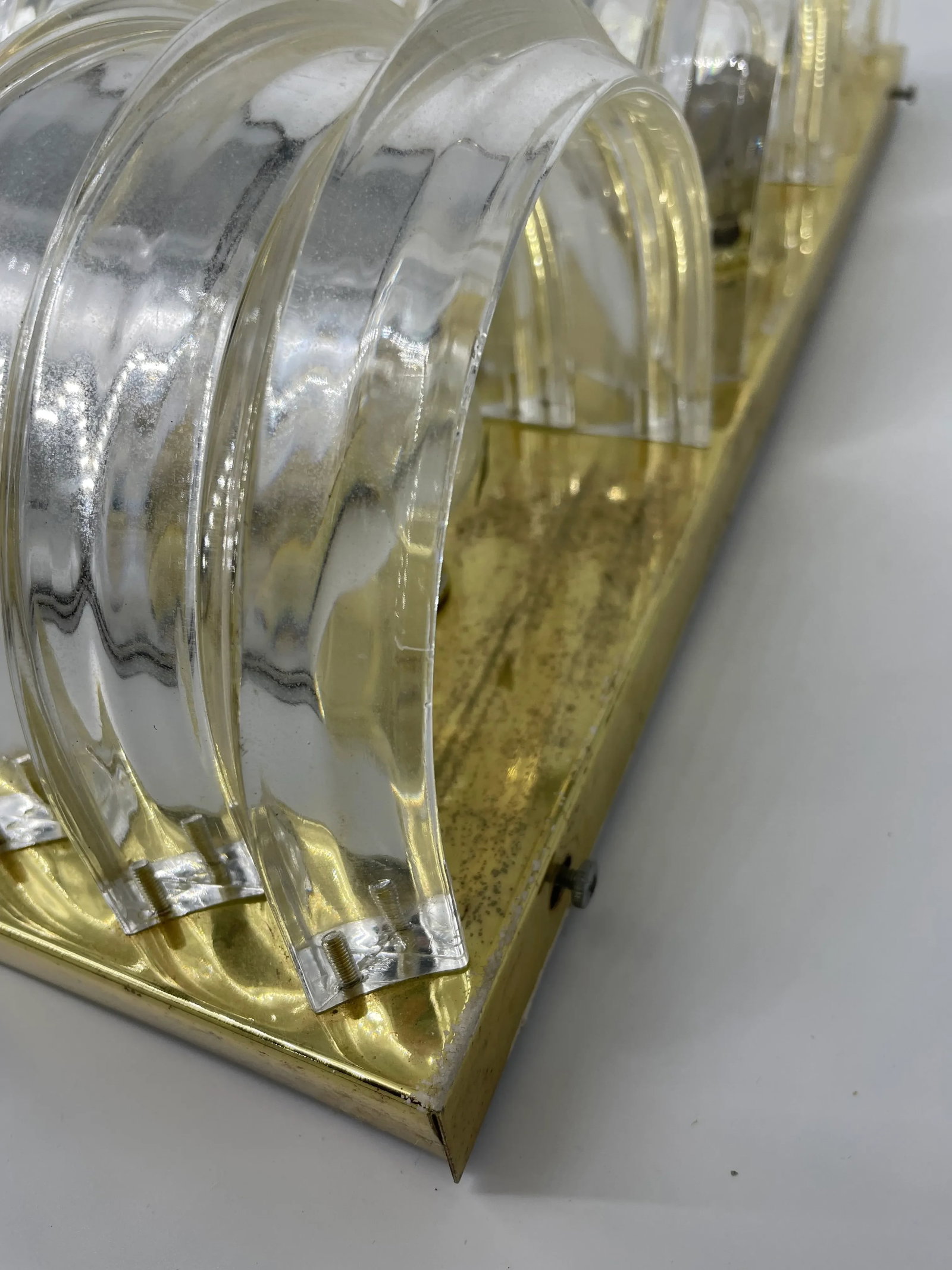 Midcentury Modern Brass & Stacked Lucite Three Light Wall Sconces - a Pair - 6