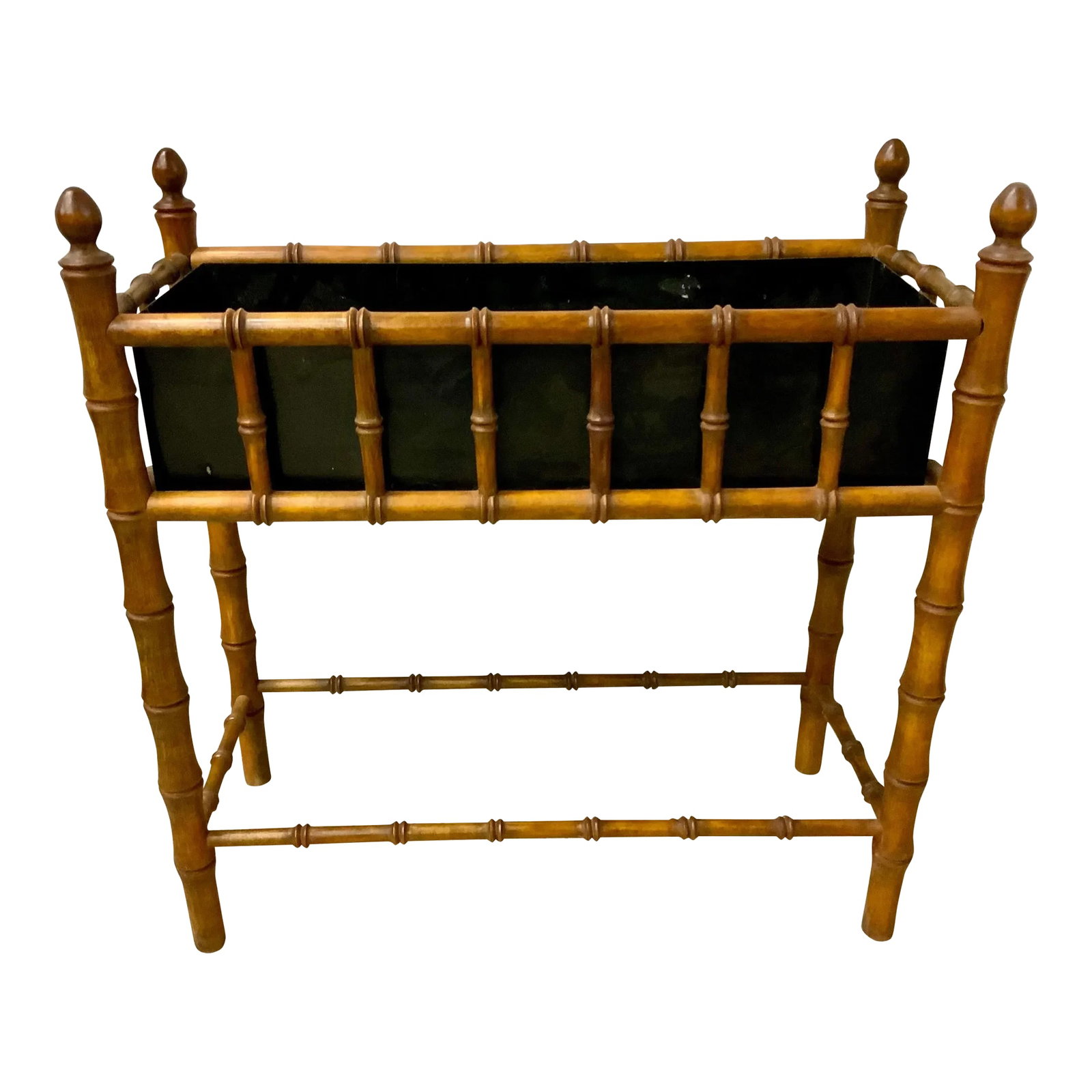 Vintage Faux-Bamboo Planter With Tin Lining: Beautiful faux-bamboo turned planter stand with black painted metal liner . Condition: Alterations: Original Condition Unaltered Imperfections: Some Imperfections Condition Notes: Paint losses, some r