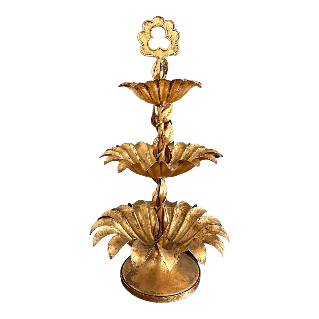 Large Mid-Century Italian Gilt Tole Palm Leaf 3 Tier Serving Tray / Pedestal Server Centerpiece: A lovely decorative Mid-Century Italian Gilt Tole Palm Leaf Serving Tray with three tiers. Features a solid iron, graduated frame with an attractive antiqued gold/gilt finish with three feathered tier