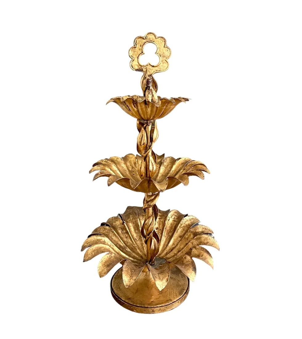 Large Mid-Century Italian Gilt Tole Palm Leaf 3 Tier Serving Tray / Pedestal Server Centerpiece - 8