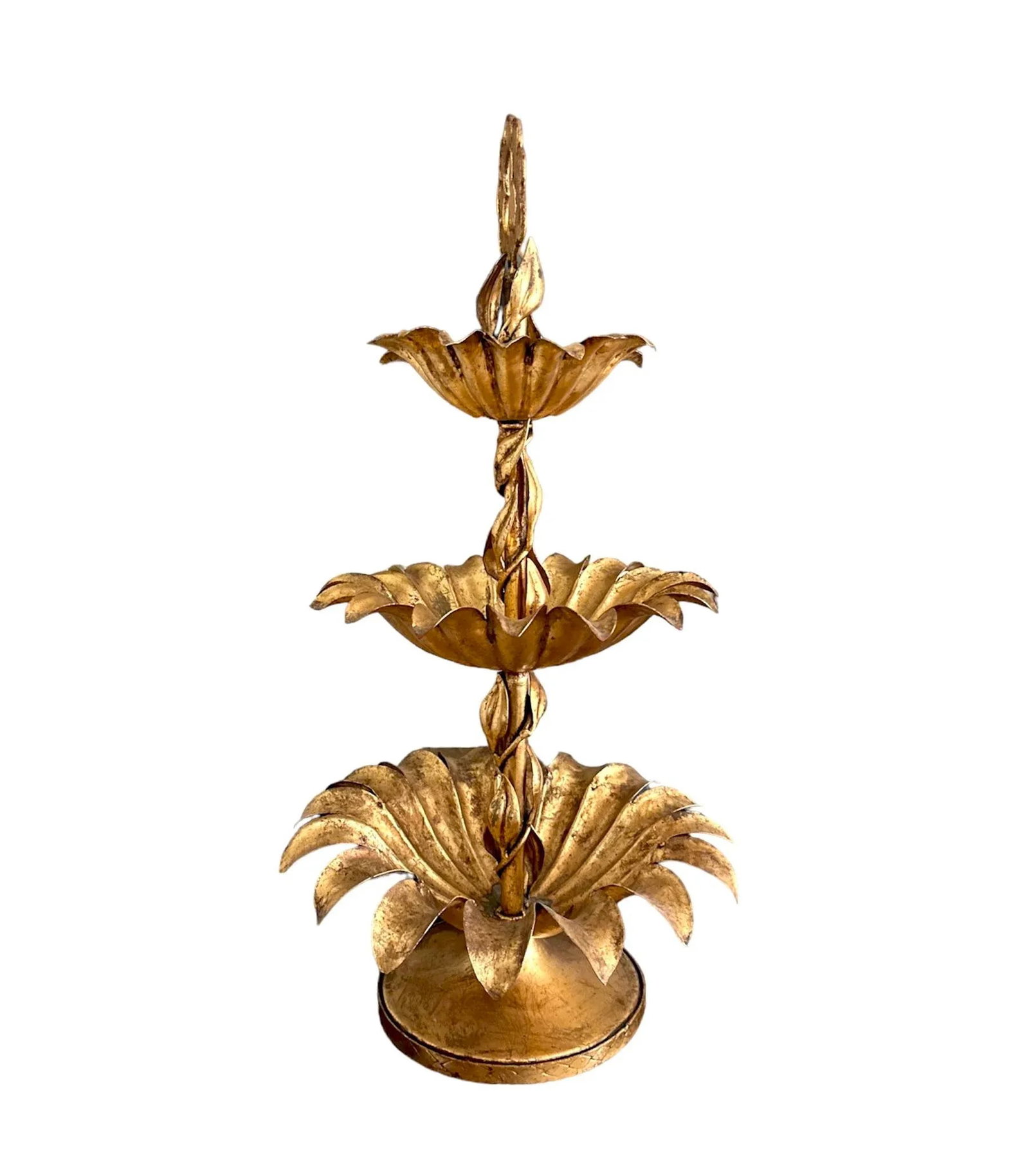 Large Mid-Century Italian Gilt Tole Palm Leaf 3 Tier Serving Tray / Pedestal Server Centerpiece - 9
