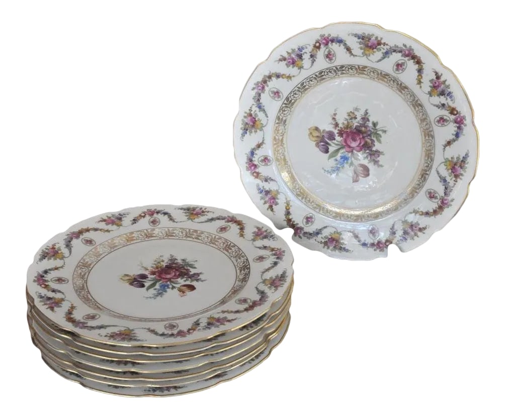Vintage Bavaria V Schuman Crown Dinner Plates Bouquet Pattern - Set of 8: Eight Bavaria V Schuman Crown Dinner Plates Boquet Pattern Gold Porcelain, Mark V 56 Purchased at Marshall Field & Company between 1930 and 1945. Exquisite is the best word to describe this lovely set