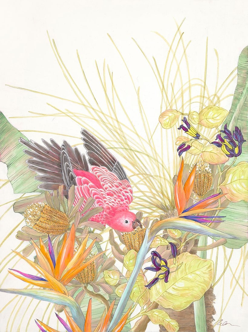 Allison Cosmos "Bird of Paradise" Contemporary Painting: This bright and wild scene features exotic bird of paradise blooms and the dramatic plumes of the grass tree, the palm cockatoo. The star of the show is this very cheerful pink parrot with a touch of