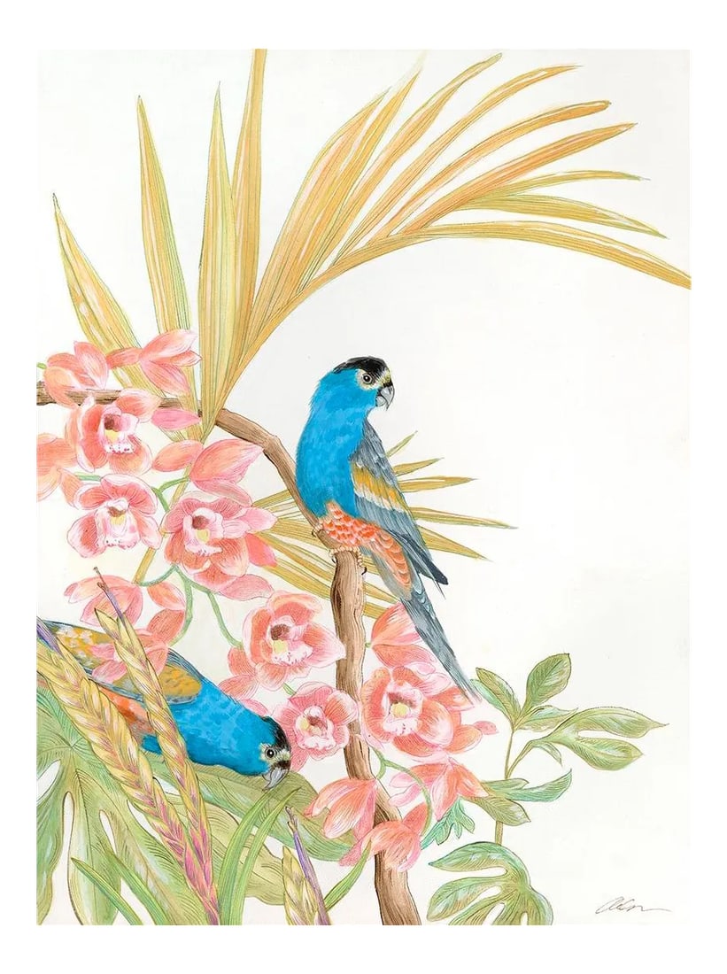 "A Parrot's Life for Me" Bird Art Painting by Allison Cosmos in Chinoiserie Style: A pair of endangered Golden Shouldered Parrots of Australia are framed perfectly with a curved palm leaf and cascading cymbidium orchids. "A Parrot's Life for me" is a brightly colored piece inspired