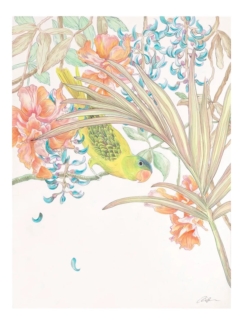 Modern "I Heard It Through the Jade Vine" Painting: "I Heard it Through the Jade Vine" is a delicately painted piece inspired by the flora and fauna of the Philippines. The green-blue cascading jade vine blooms are in good company with the showy