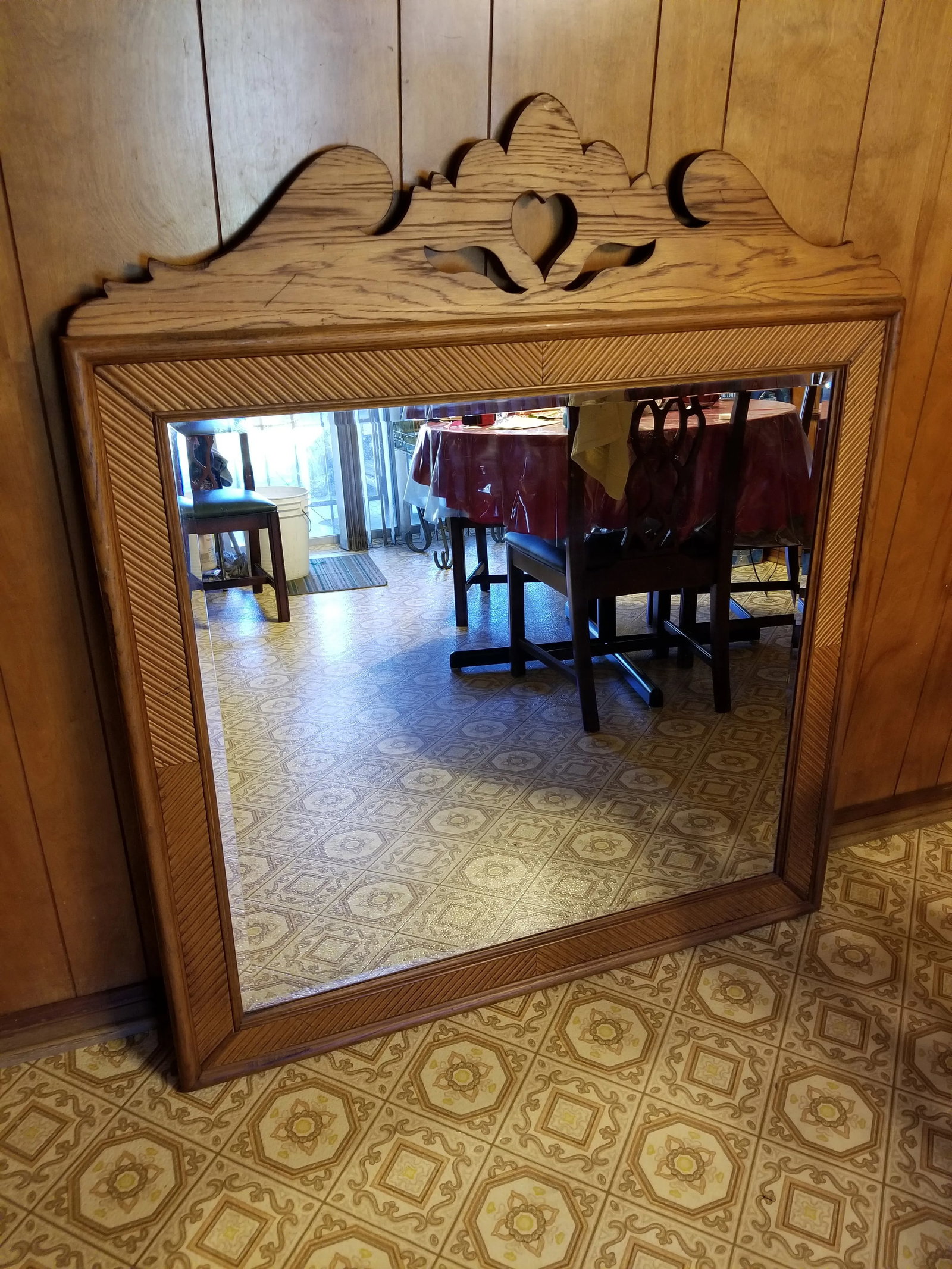 Antique Oak Beveled Mirror - 3