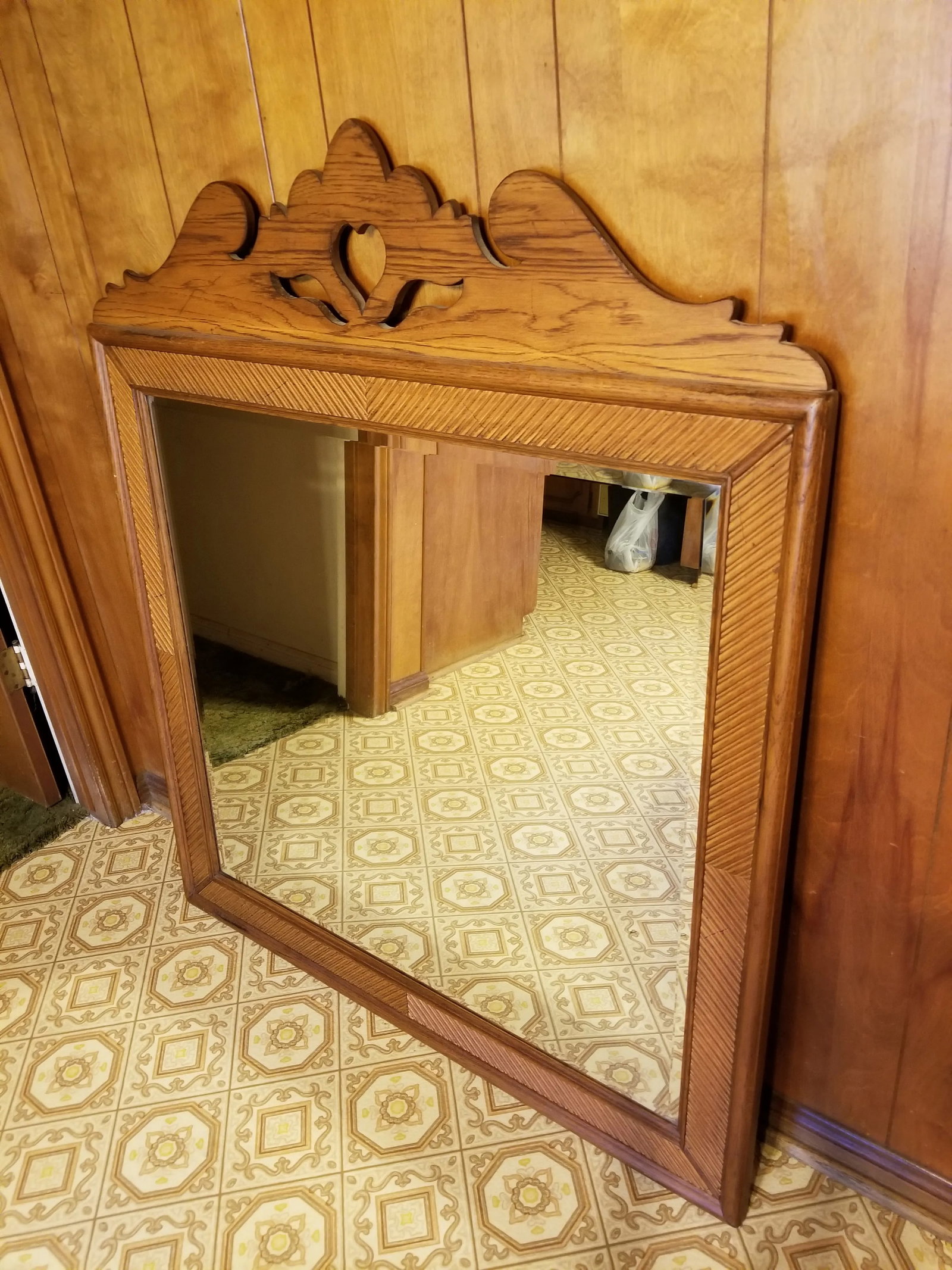 Antique Oak Beveled Mirror - 4