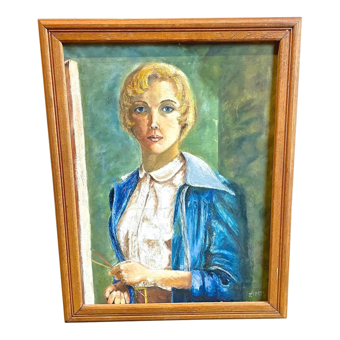 Vintage Female Artist Self Portrait: Vintage female artist self portrait. Signed "ZIMM, 5" on the lower right corner. Condition: Alterations: Original Condition Unaltered Imperfections: Some Imperfections Condition Notes: Very Good