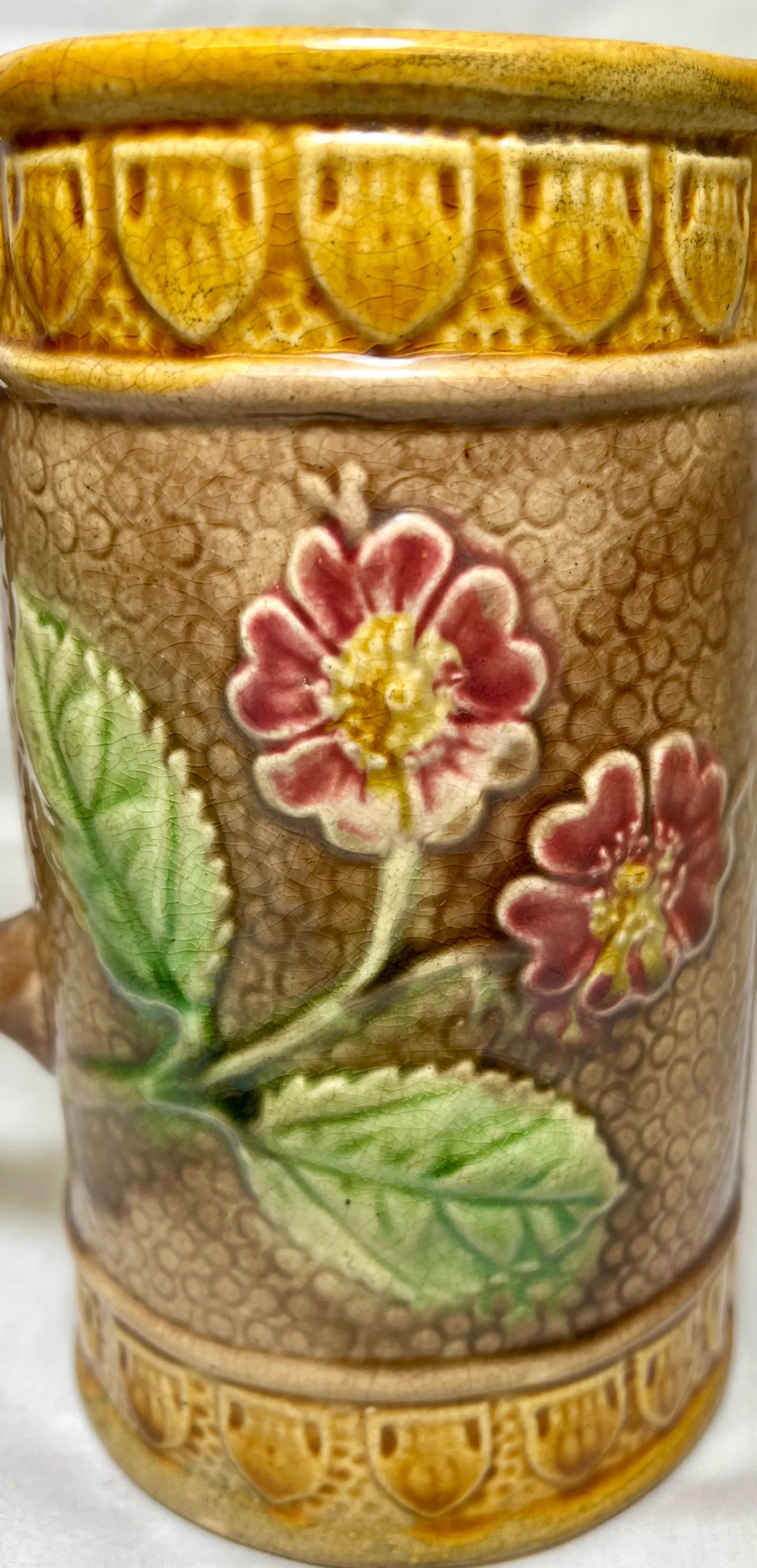 Antique 19th Century Majolica Pitcher / Jug Decorated With Pink Flowers - From the U K - 4