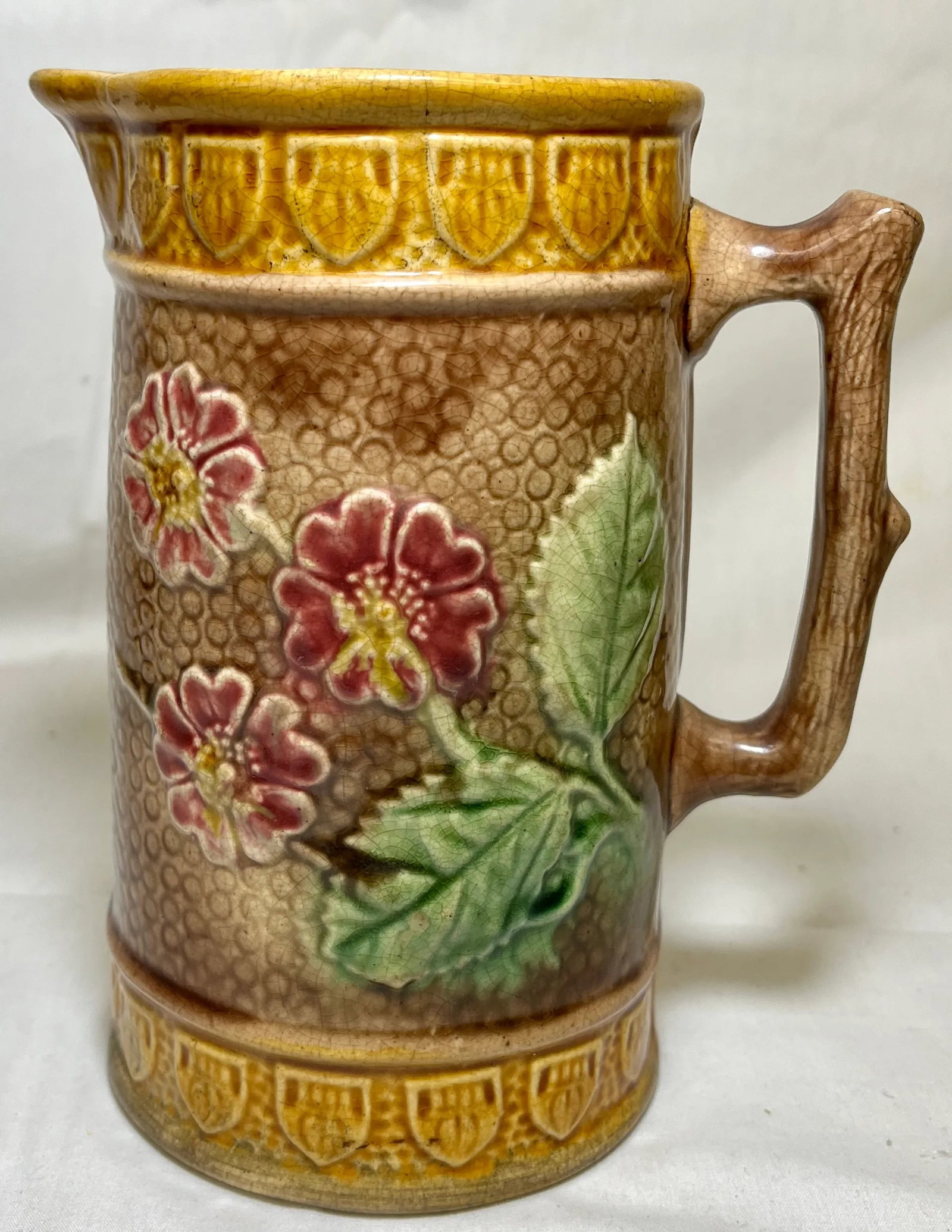 Antique 19th Century Majolica Pitcher / Jug Decorated With Pink Flowers - From the U K - 9