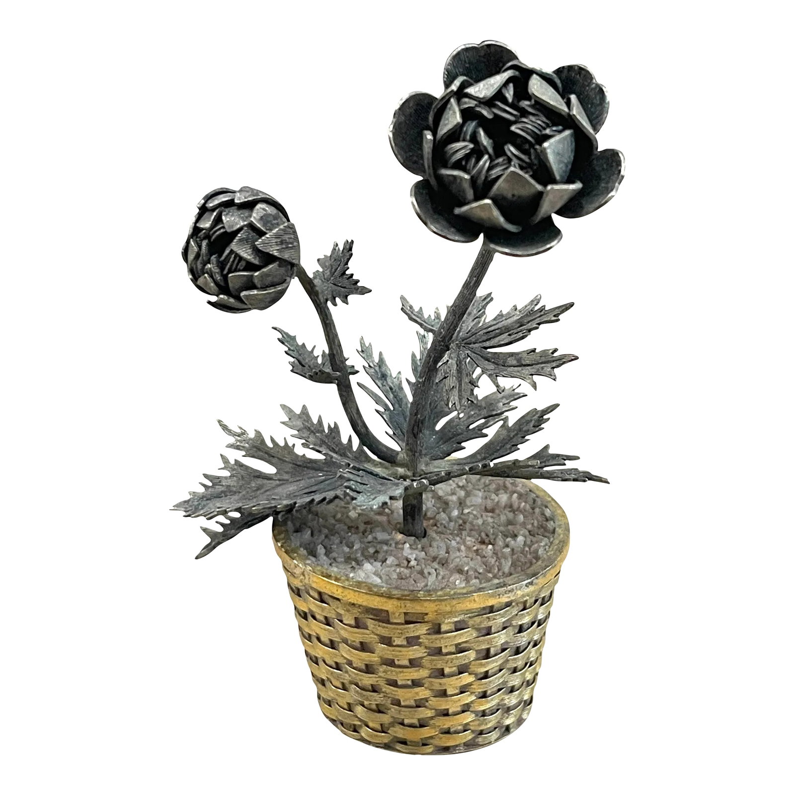 Tiffany & Co Janna Thomas Sterling Silver Potted Flower: Tiffany & Co Sterling Silver potted flowers. Sterling silver with a gold vermeil wash. By Janna Thomas. In a sterling silver basket planter with tiny stones. The flowers appear to be peonies. Conditio