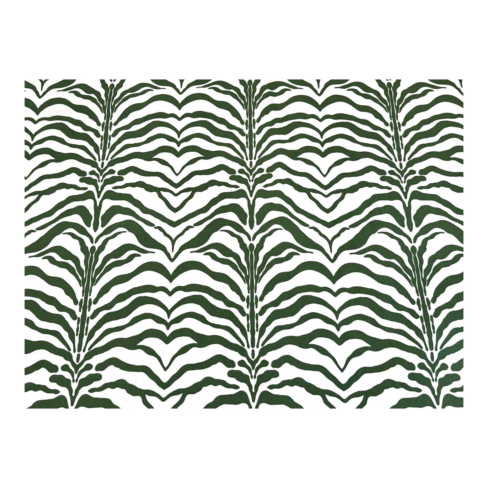 Rose Cumming Zebrine Fabric- Green, 8 Yards: An animal print for the ages and an iconic pattern in Rose Cumming's collection, Zebrine II. A hand screen printed fabric on natural cotton canvas. Green animal print Width: 54" Repeat: 13 1/2"H, 17 1