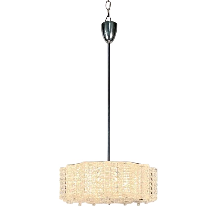 Art Deco, Crystal and Chrome Chandelier, Circa 1930s: Art Deco, Crystal and Chrome Chandelier, Circa 1930s Cricluar in form having five lights. Center pole can be added to or cut down to reduce or add size. 27.5 h x 14.25 dia Condition: Alterations: Orig
