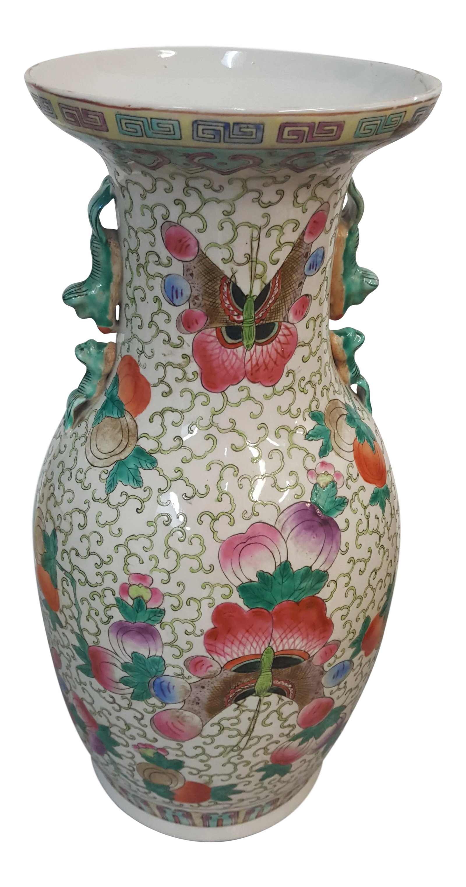 Butterly Motif China Porcelain Vase: Showroom floor sample on display in our interior design office. Butterfly motif on porcelain China. Very colorful lovely piece. pink, orange, green, purple, white, blue, beige. Condition: Alterations: