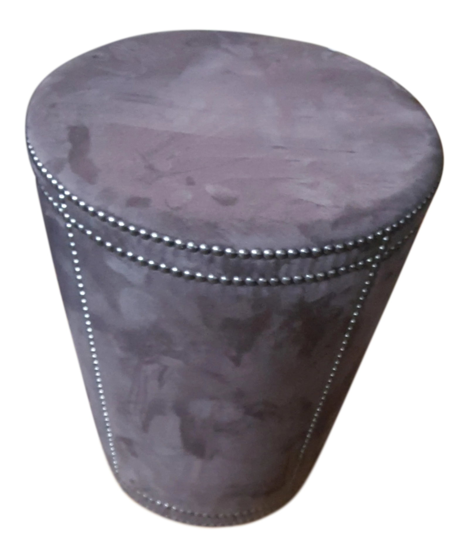 Bernhart Pomona Ottoman Brown Tapered Cylinder With Nailheads: This is a Bernhardt showroom sample of the Pomona Ottoman. Chocolate brown Tapered cylinder with nailheads. Diameter 18" Height 22" This is a suede leather beautiful fabric Was retailing at $1170 We a