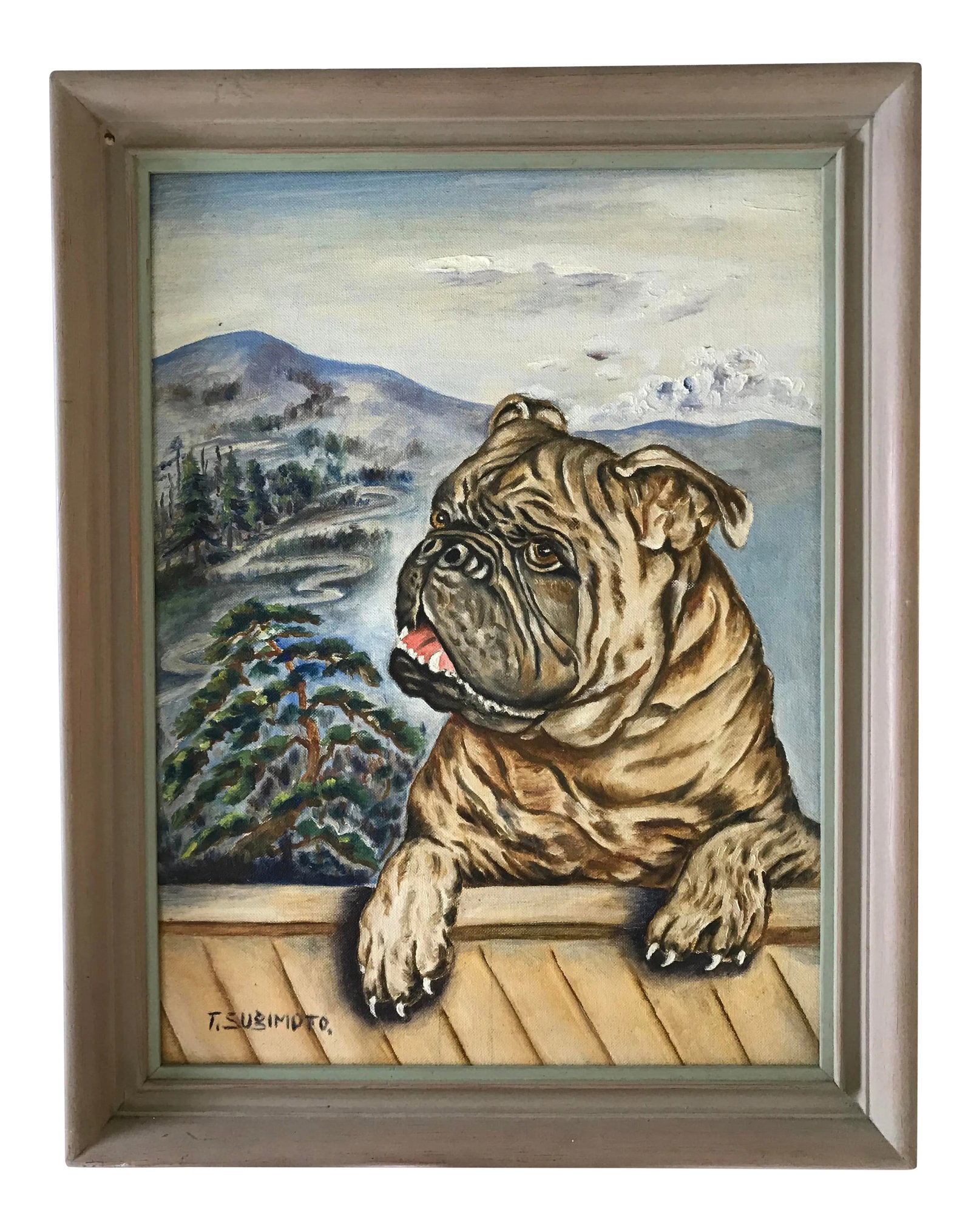 Vintage Mid Century Pug Painting by T. Sugimoto: It's not just a dog, it's a dog in a Japanese landscape. Add some humor to your decor with this vintage 1960s painting of man's best friend. Oil on panel; nicely executed. Signed "T. Sugimoto" at