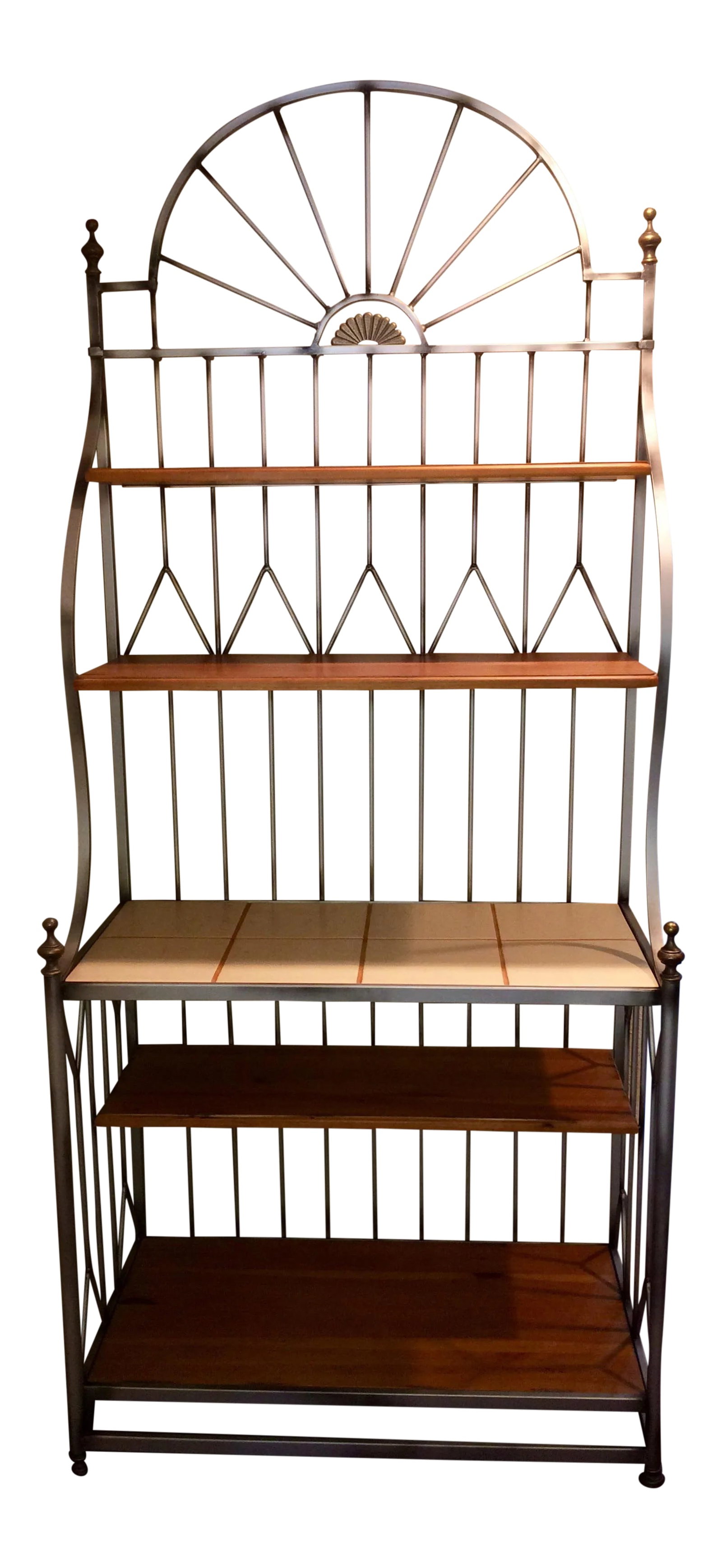 Drexel Solstice Iron Frame Bakers Rack: Bakers Rack by Drexel Heritage (36" W x 82" H x 18" D). Part of the Solstice collection with iron frame, pewter finish, brass accents, and 5 staggered shelves - 4 maple wood and 1 porcelain tile.