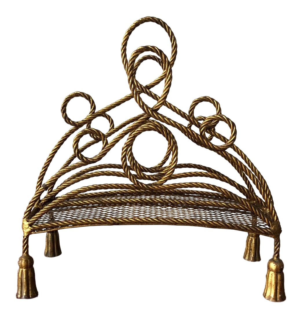 1960s Vintage Italian Gilt Metal Magazine Rack: A charming Italian gilt metal magazine stand. Beautiful dark bronze/gilt patina. Condition: Alterations: Original Condition Unaltered Imperfections: Some Imperfections Condition Notes: wear appropriat