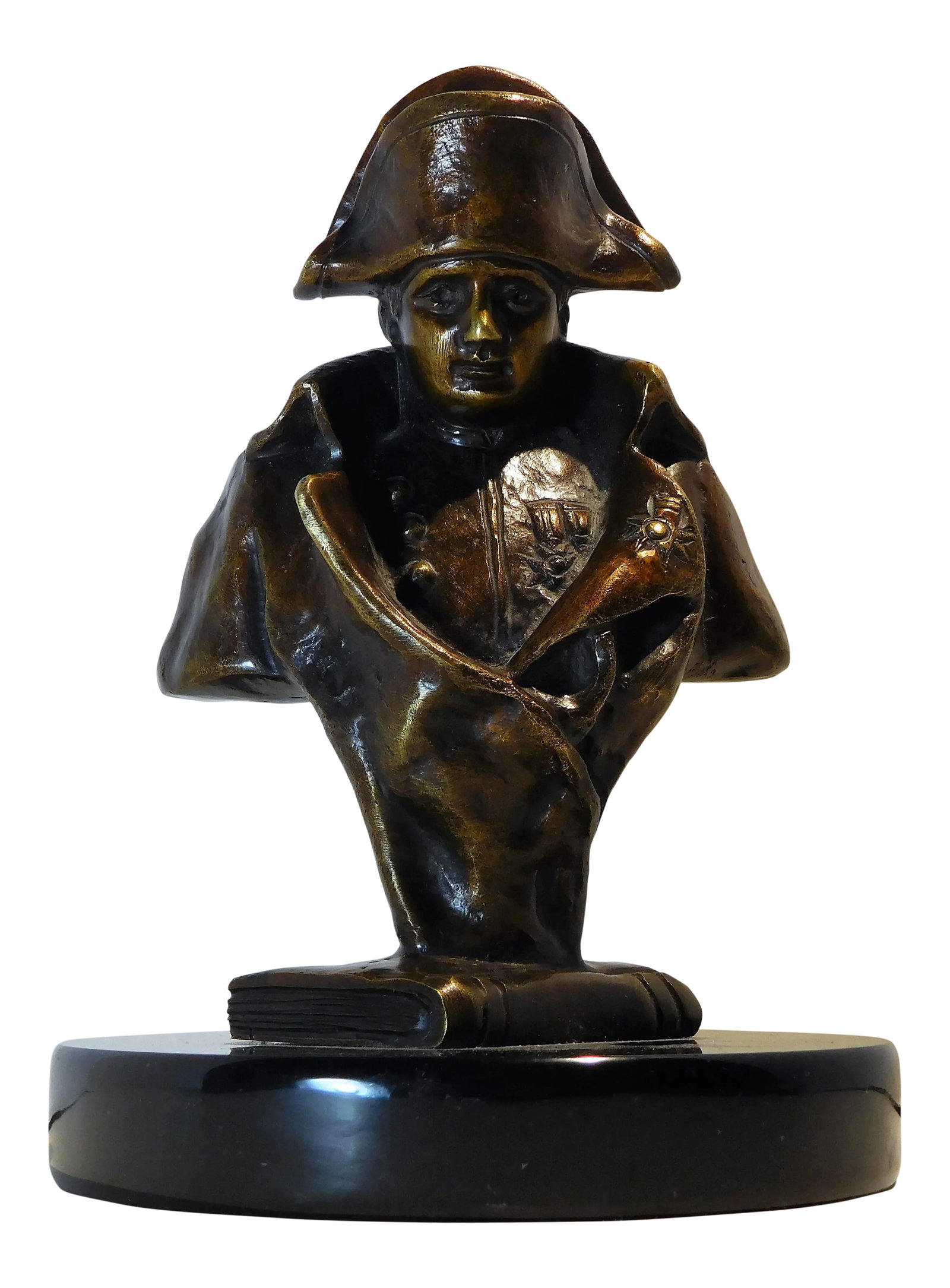 Bronze Table-Top Bust of Napoleon Bonaparte: This excellent desk-top or shelf sculpture is for the aficionado of French history and culture and famous figures of world renown. The casting of the emperor is crisp and the brown patina over the