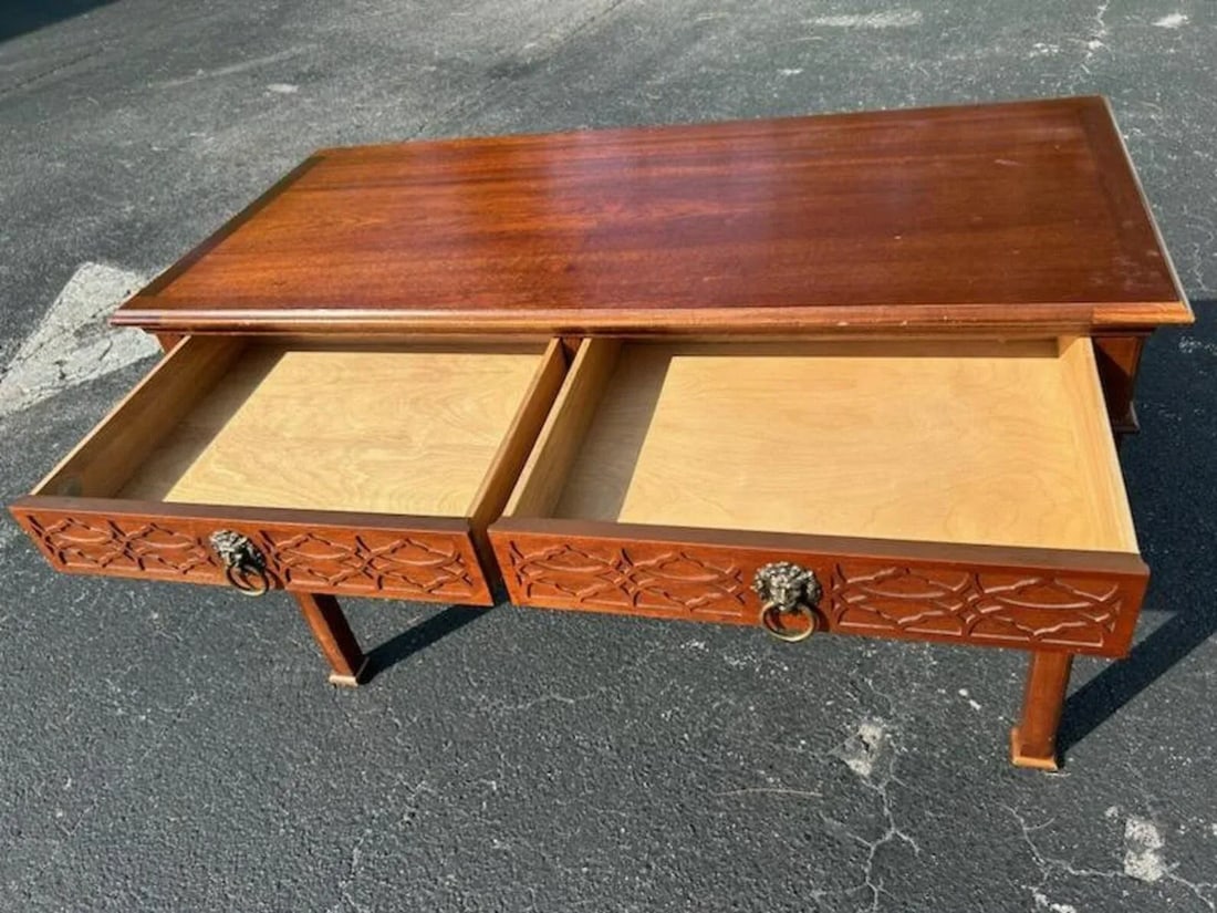 1980s Baker Historic Charleston Mahogany Fretwork Lion Head Two Drawer Desk - 3