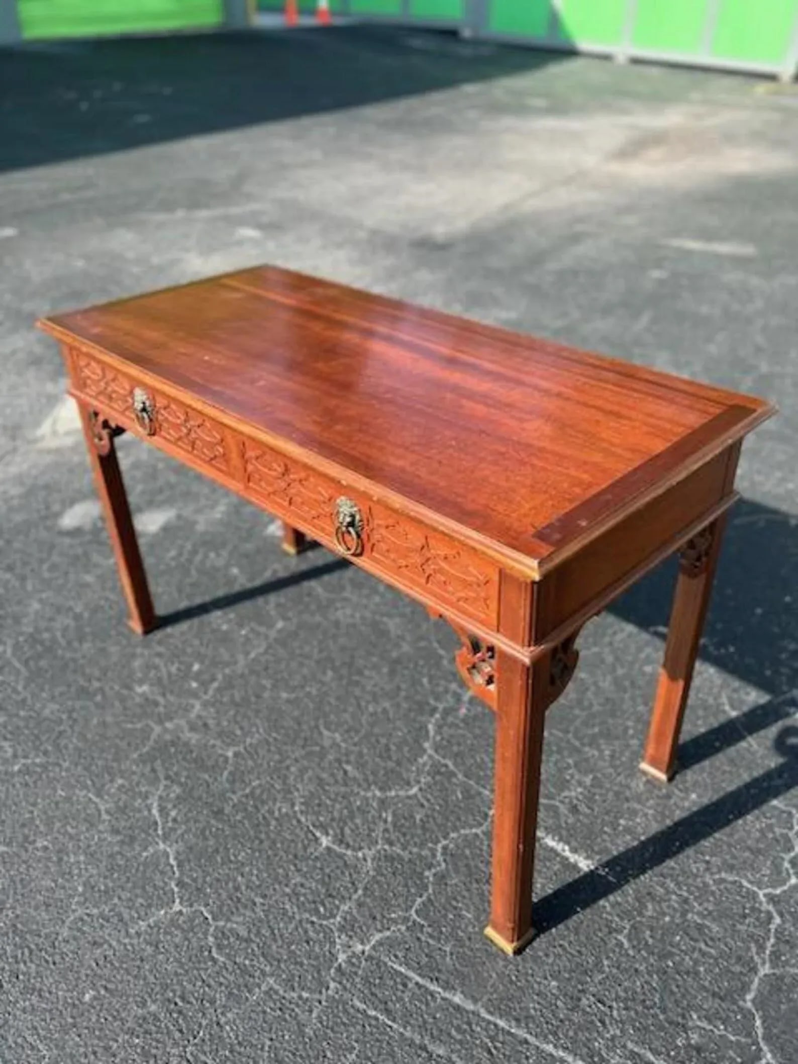 1980s Baker Historic Charleston Mahogany Fretwork Lion Head Two Drawer Desk - 5