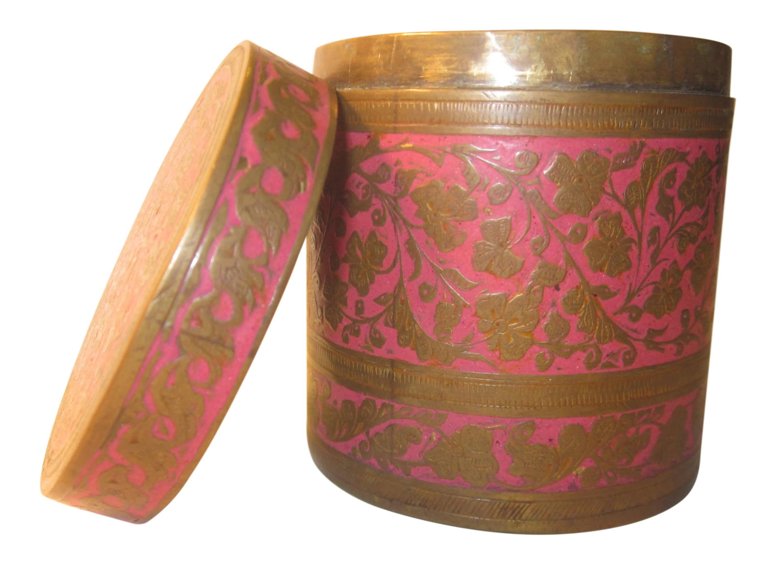 20th Century Boho Chic Indian Brass/Pink Enamel Lidded Jar: Diana Vreeland famously declared pink to be "the navy blue of India!" -- and this vintage brass and enamel canister is full to the brim of Boho Chic charm. Perfect size for a desktop organizer; it