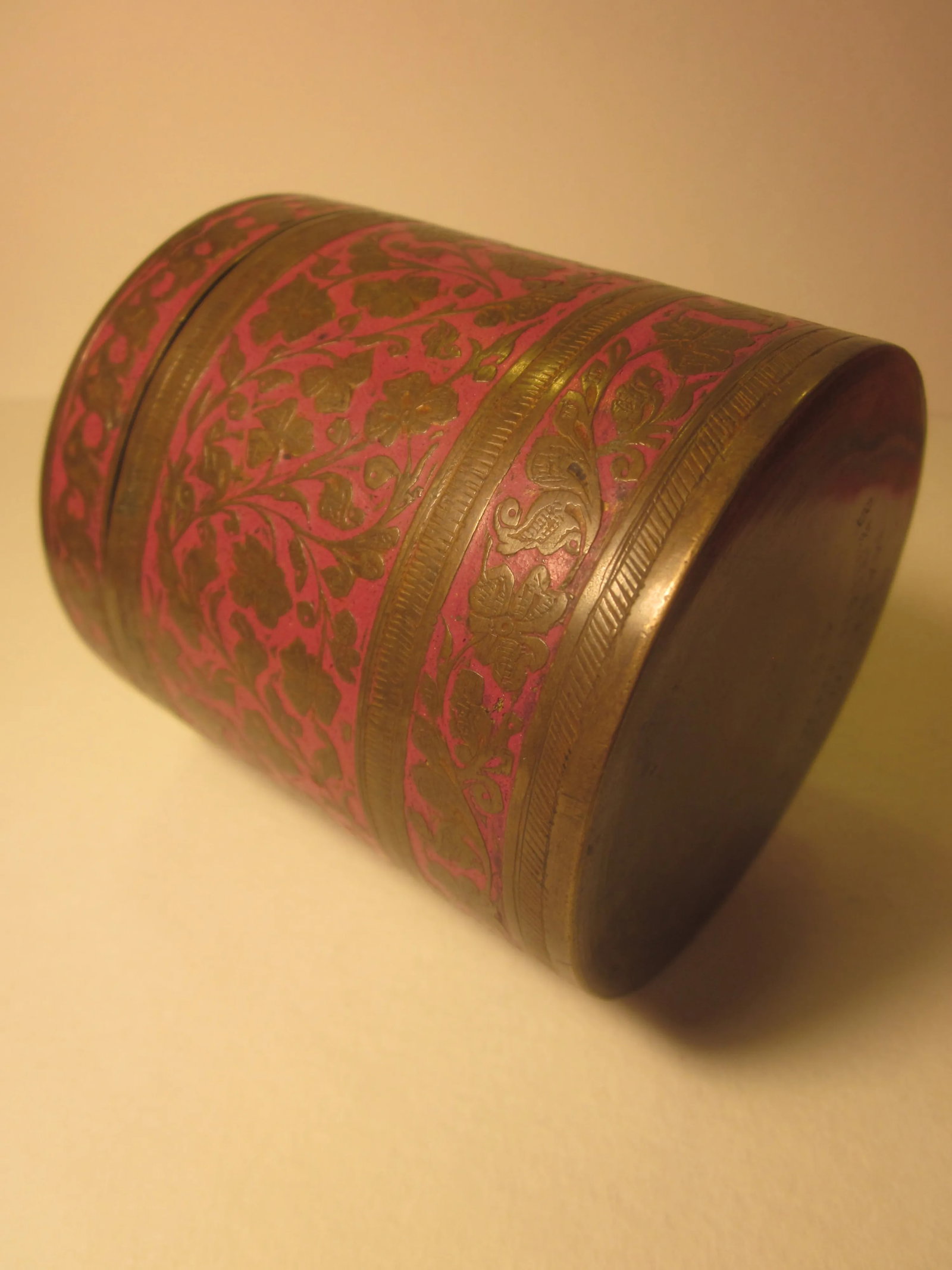 20th Century Boho Chic Indian Brass/Pink Enamel Lidded Jar - 2