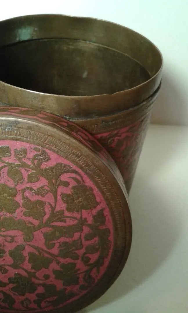 20th Century Boho Chic Indian Brass/Pink Enamel Lidded Jar - 5