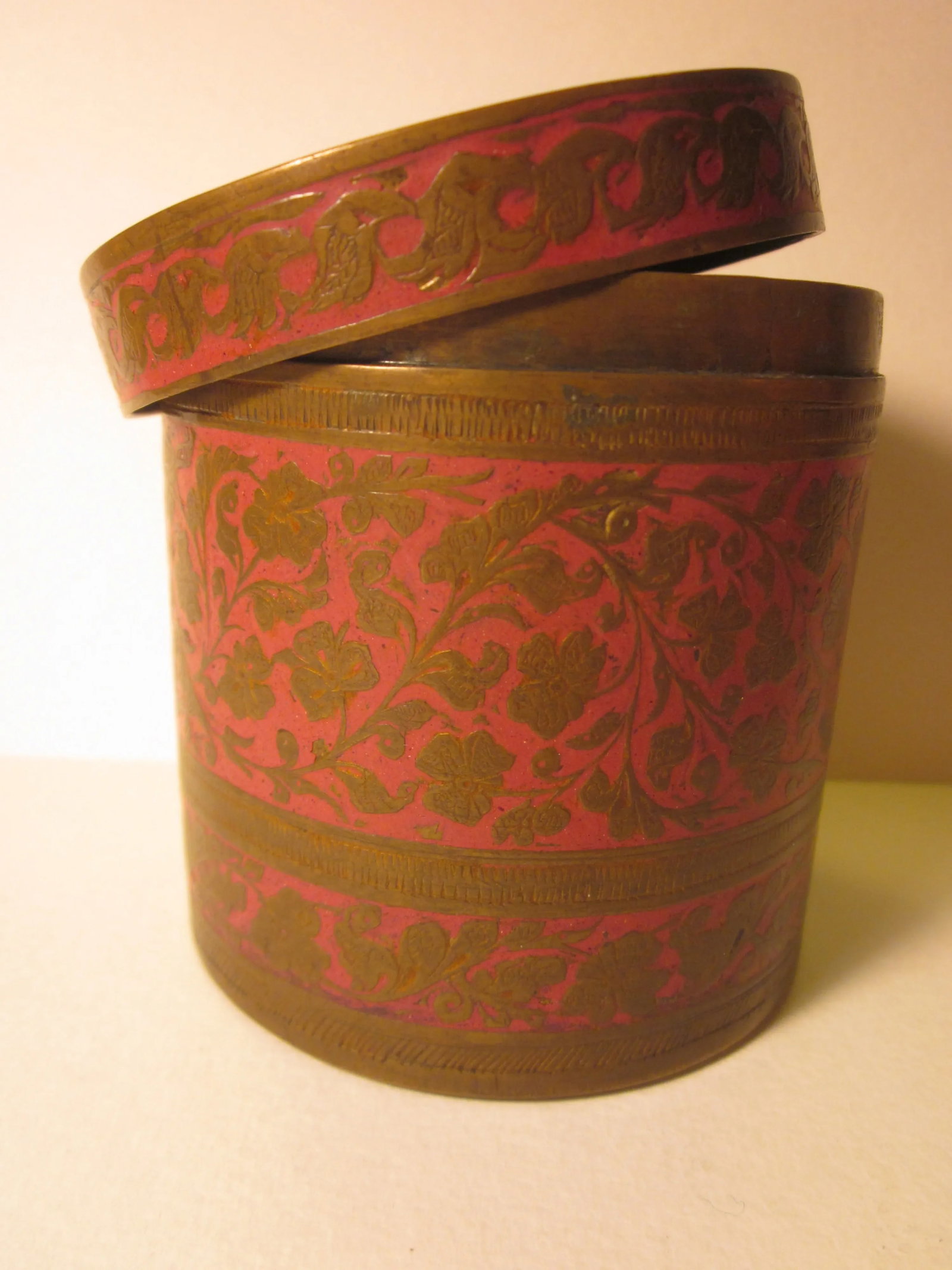 20th Century Boho Chic Indian Brass/Pink Enamel Lidded Jar - 6
