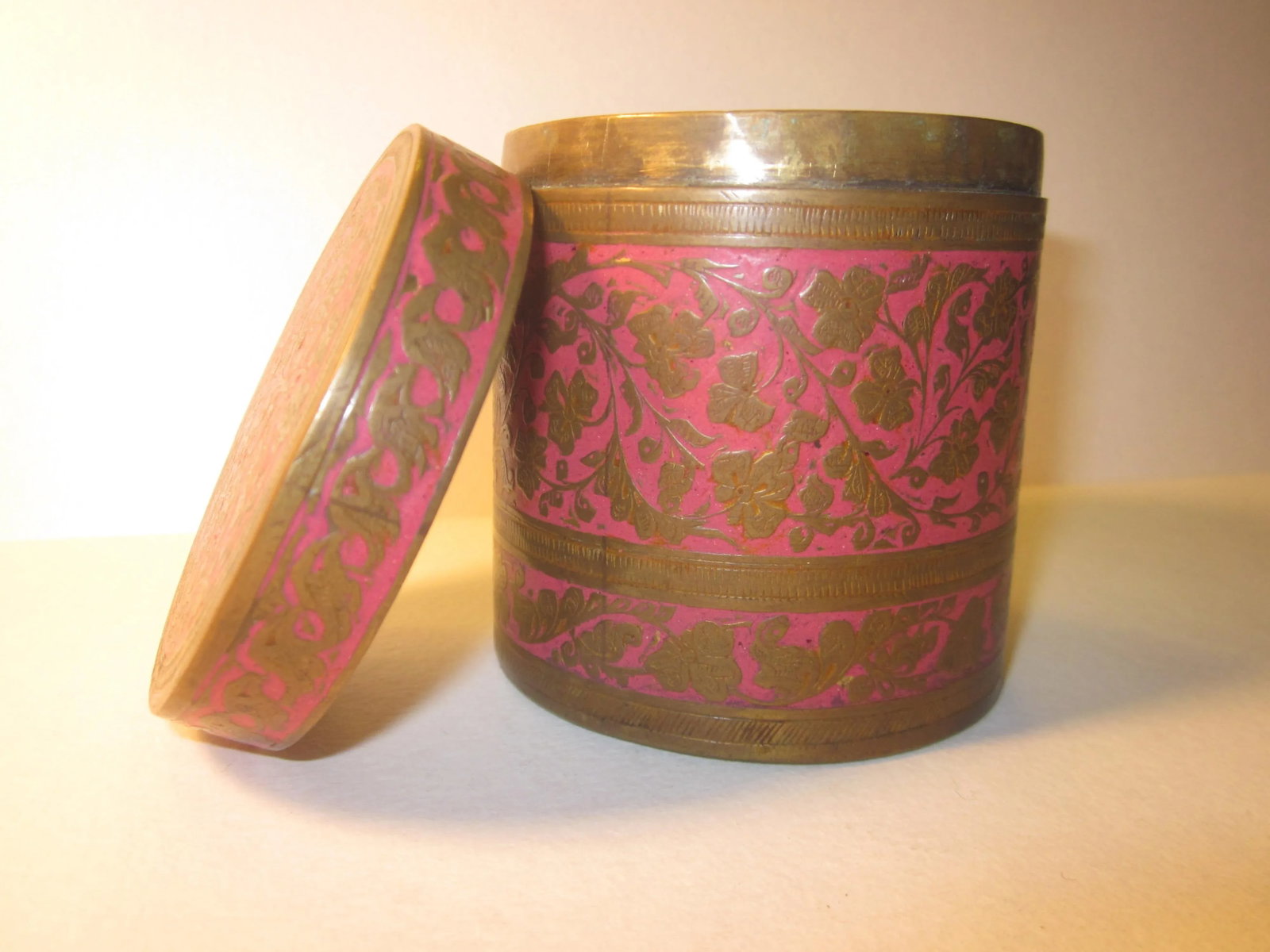 20th Century Boho Chic Indian Brass/Pink Enamel Lidded Jar - 9