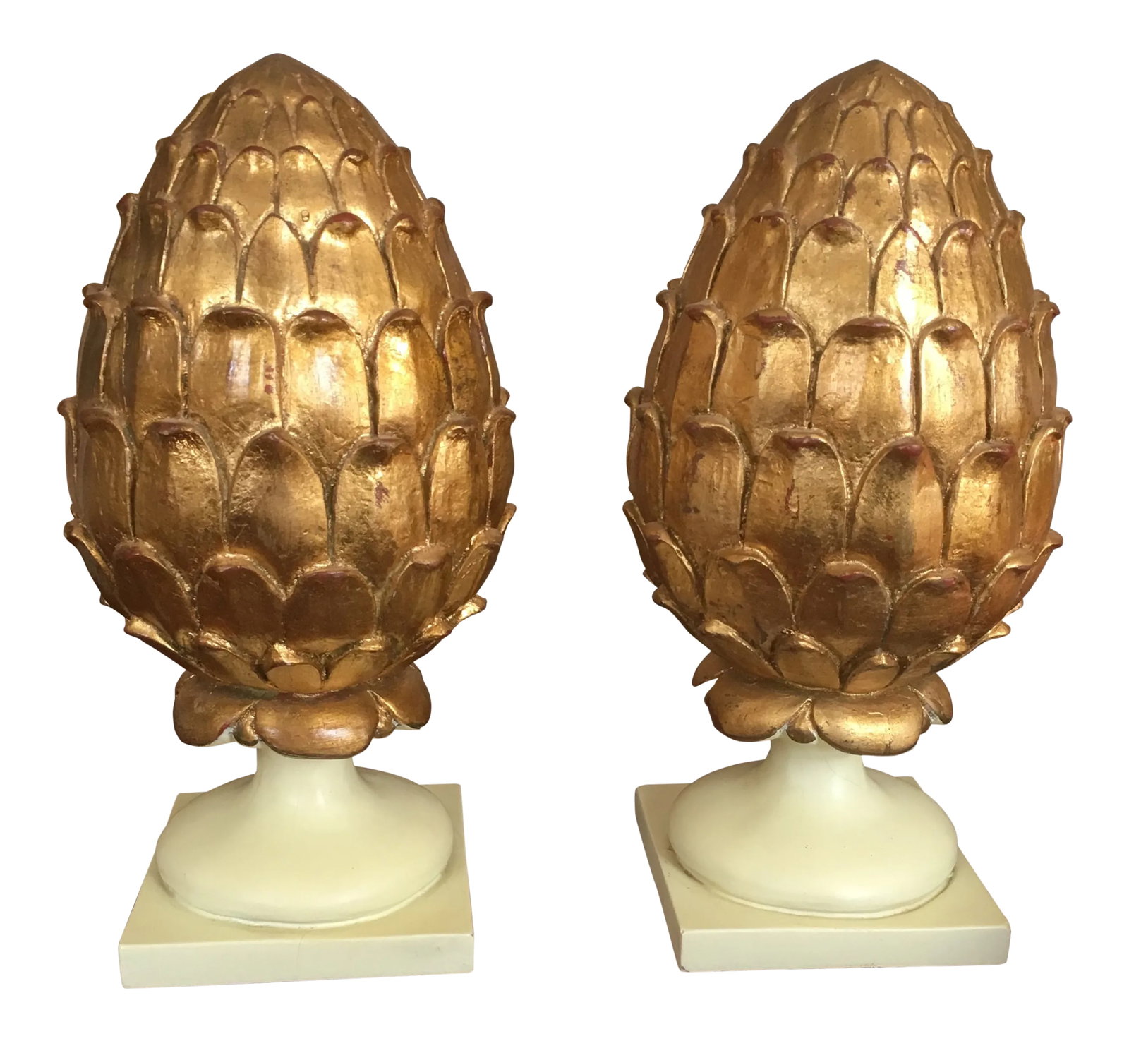 Modern Gold Leaf Finials- A Pair: Large pair of gold leaf finials, slightly distressed with burnt red underneath. Some crazing on bases. See pictures. One owner. Condition: Alterations: Original Condition Unaltered Imperfections:
