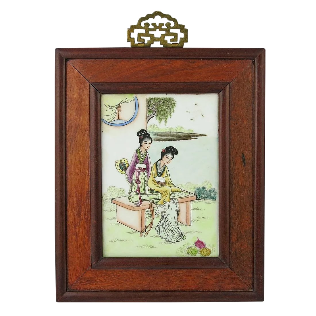 1940s Vintage Chinese Porcelain Scenic Figural Plaque Painting: A Chinese Republic period painted porcelain plaque in a rosewood framed. The scene depicts two women sitting on a bench. It is unsigned and in very good condition. This item includes restricted