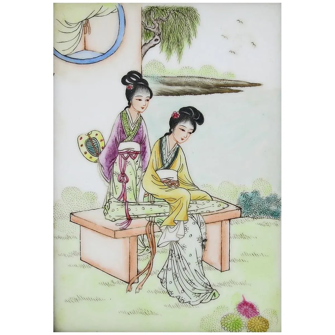 1940s Vintage Chinese Porcelain Scenic Figural Plaque Painting - 2