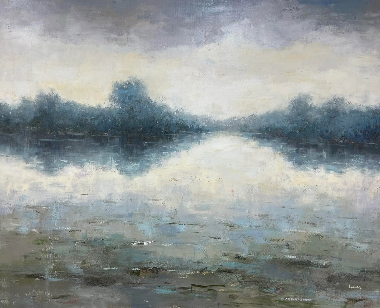 Impressionistic Landscape Original Oil Painting: A stunning impressionistic landscape oil painting on canvas, featuring a serene waterscape with a soft blend of blues, grays, and earthy tones. Gentle, expressive brushstrokes create a reflective,