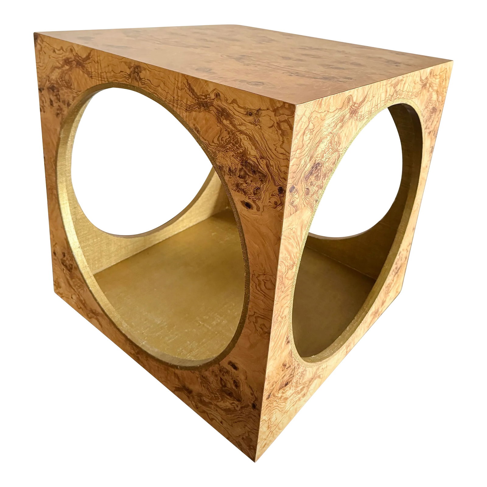 Modern Cube Made Goods Benning Side Table in Olive Ash Burl Veneer With Round Interior: Cube Made Goods Benning Side or Entryway Table in Olive Ash Burl Veneer 1970s Glam Style With Round Interior Display Area Retail: $2040 + tax + ship "Inspired by glamorous, era-defining '70s design,