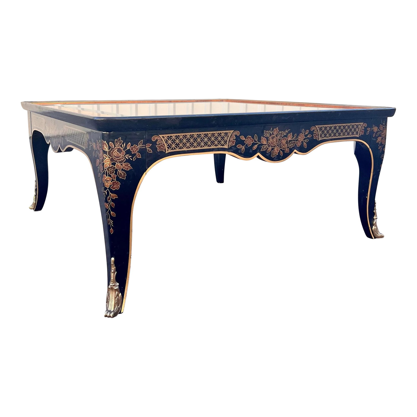 Drexel Heritage Et Cetera Ebonized Hand Painted Burlwood Chinoiserie Coffee Table With Glass Insert (1 of 12)