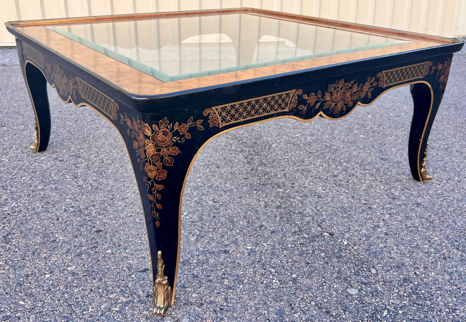 Drexel Heritage Et Cetera Ebonized Hand Painted Burlwood Chinoiserie Coffee Table With Glass Insert - 6