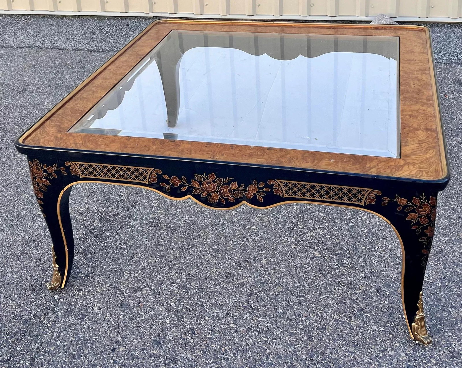Drexel Heritage Et Cetera Ebonized Hand Painted Burlwood Chinoiserie Coffee Table With Glass Insert - 7