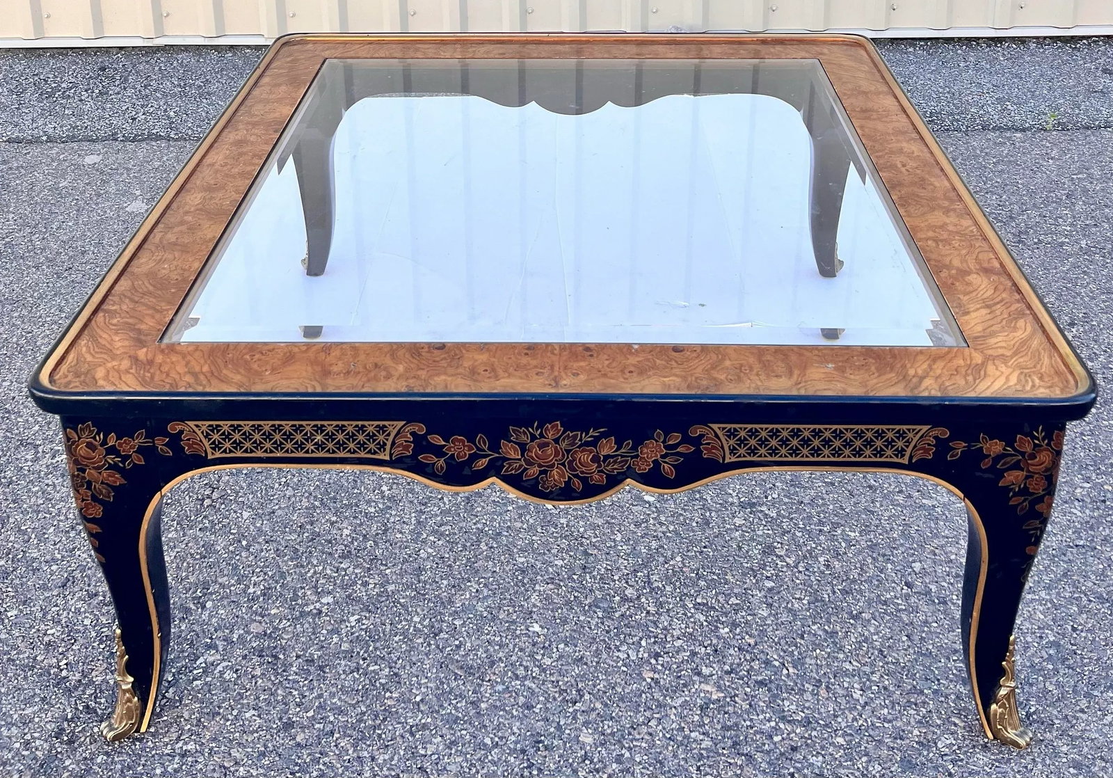 Drexel Heritage Et Cetera Ebonized Hand Painted Burlwood Chinoiserie Coffee Table With Glass Insert - 8