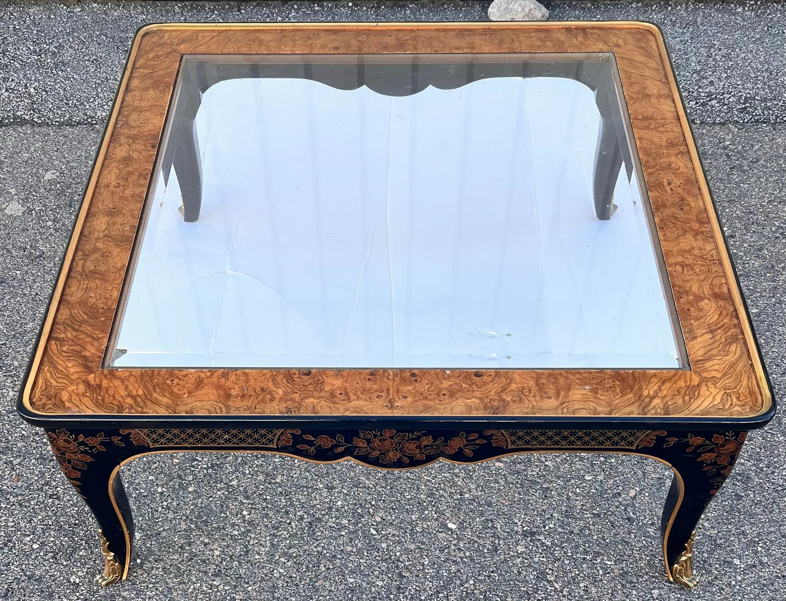 Drexel Heritage Et Cetera Ebonized Hand Painted Burlwood Chinoiserie Coffee Table With Glass Insert - 9