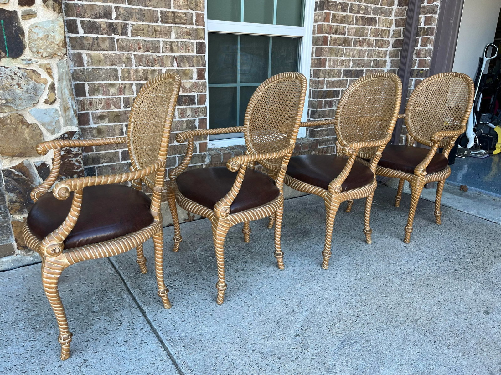 Set of 2 (Only 1 Set Available) Twisted and Knotted Rope Motif Cane Back Arm Chairs, 1970s, in the S - 12
