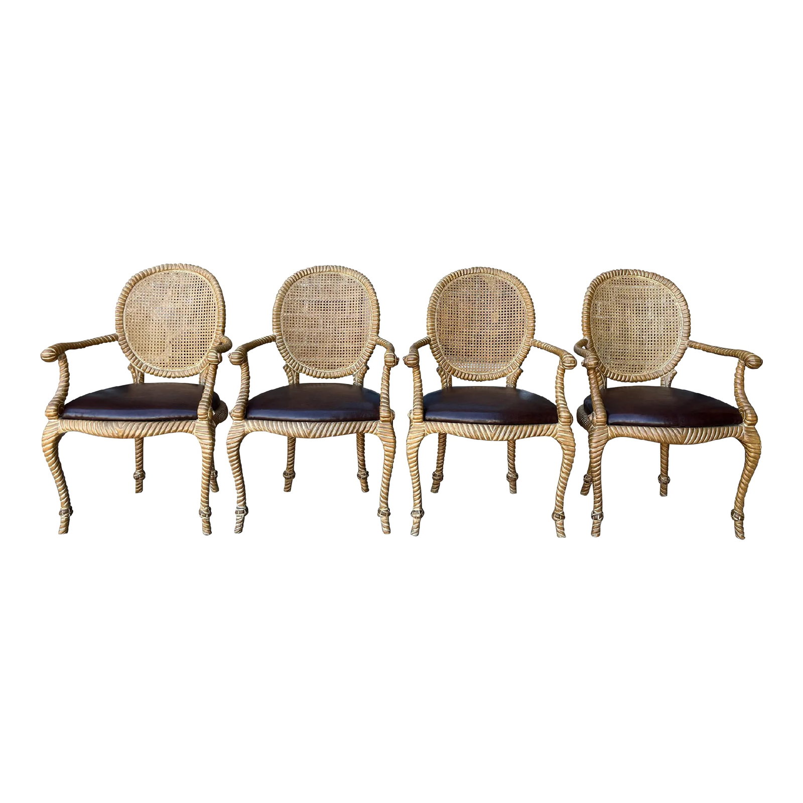 Set of 2 (Only 1 Set Available) Twisted and Knotted Rope Motif Cane Back Arm Chairs, 1970s, in the S