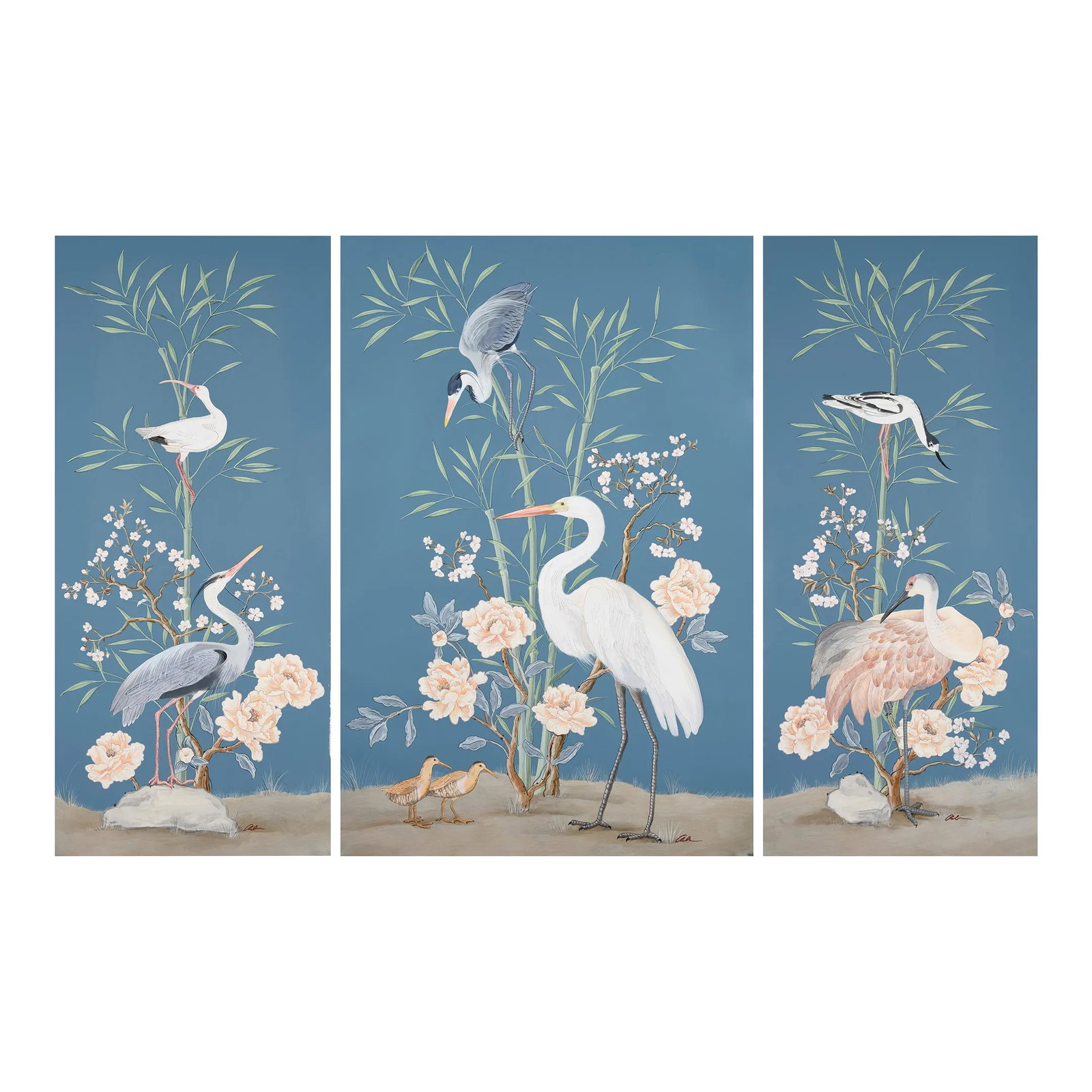 "More Than Birds" Coastal Chinoiserie Triptych by Allison Cosmos - Set of 3: Inspired by an earlier work published in House Beautiful, artist Allison Cosmos created "More Than Birds". This gorgeous blue Chinoiserie triptych is populated with an egret, heron, sandhill crane,