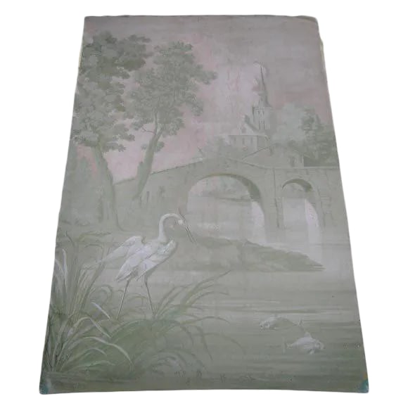 Late 18th Century Vintage Chateau Oil Painting: An 18th century oil painting in shades of green. Removed from the dining room walls of a Loire Valley chateau. Condition: Alterations: Original Condition Unaltered Imperfections: Some Imperfections