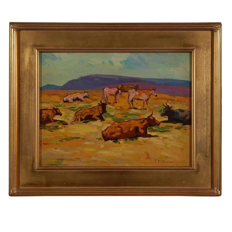John Christopher Smith Oil Painting on Board Landscape: Nice and peaceful cows in a landscape by the well know Ireland/USA artist John Christopher Smith, Very bright colors and very nice frame. Measures are including the frame. Condition: Alterations: