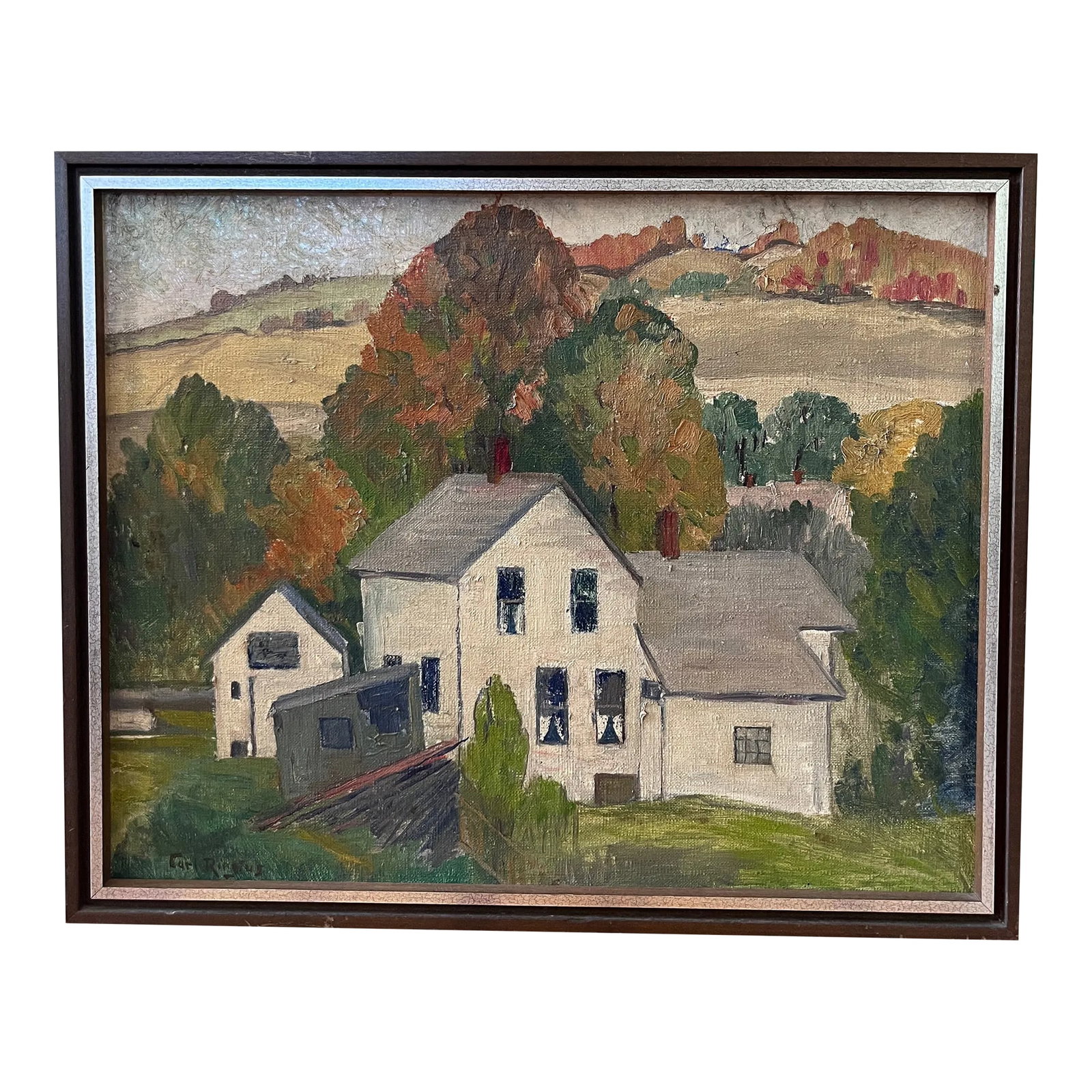 Early 20th C Signed and Framed Farmhouse Scene Oil on Canvas by Carl Ringius: A signed and framed bucolic farmhouse scene oil on canvas by Swedish-American painter Carl Ringius (1879-1950). Ringius was born in Sweden and immigrated to America in 1902 where he settled in