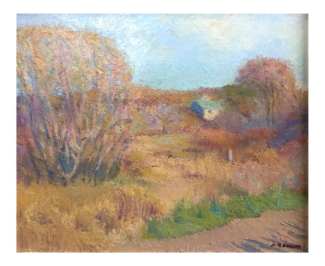 Mid 20th C. American Impressionist Landscape Oil Painting: A colorful Mid 20th century American impressionist painting depicting a landscape with house in the trees. The painting appears to have fall foliage. It is illegibly signed in the lower right corner.