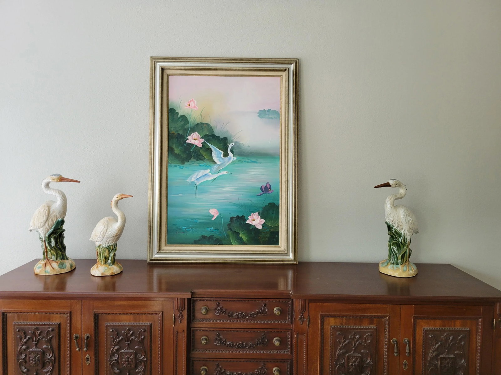 Mid 20th Century Vintage Cranes Painting Signed by Linda, Framed - 10